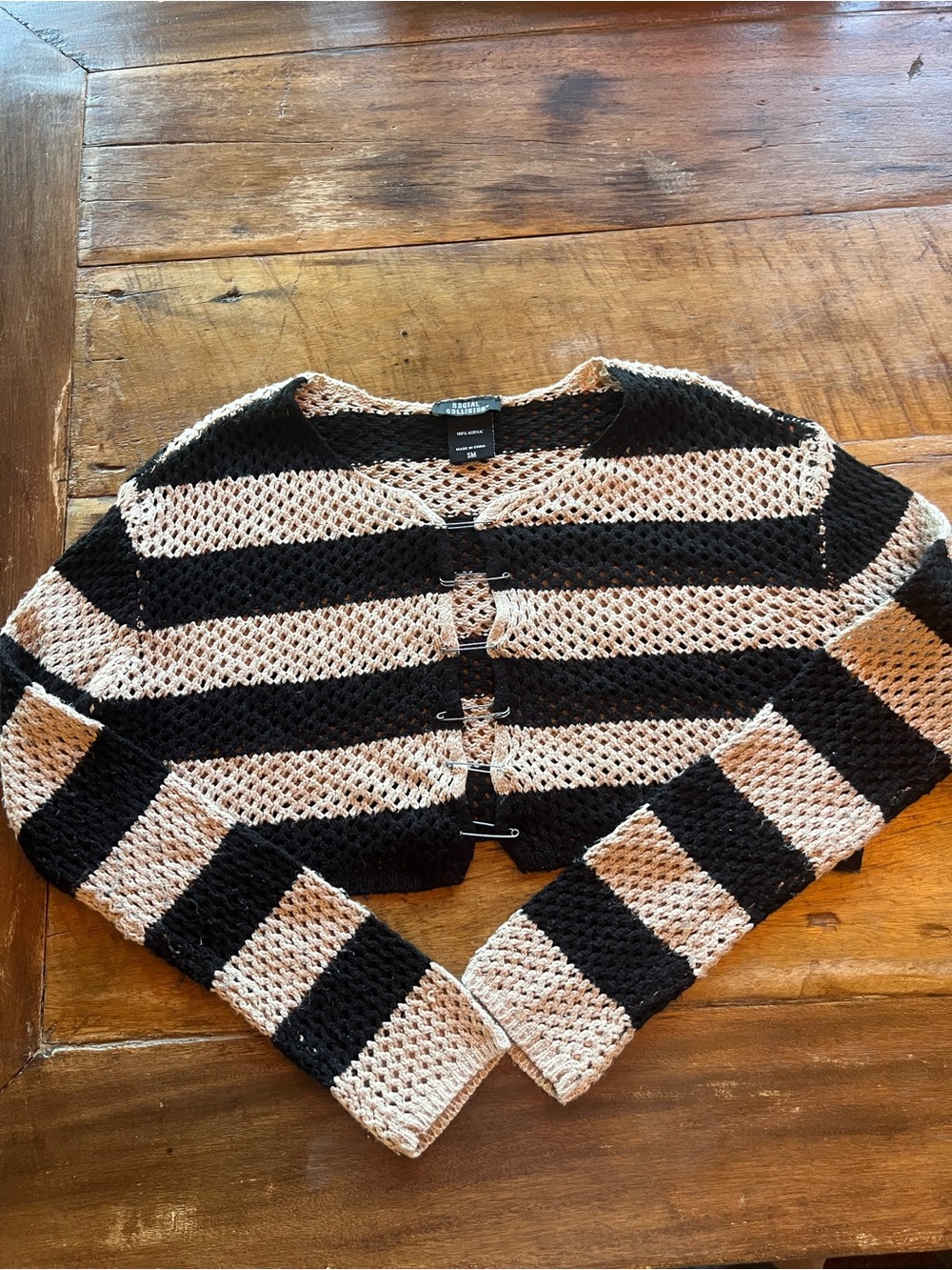 Striped Open-Knit Cropped Cardigan - Black & Cream